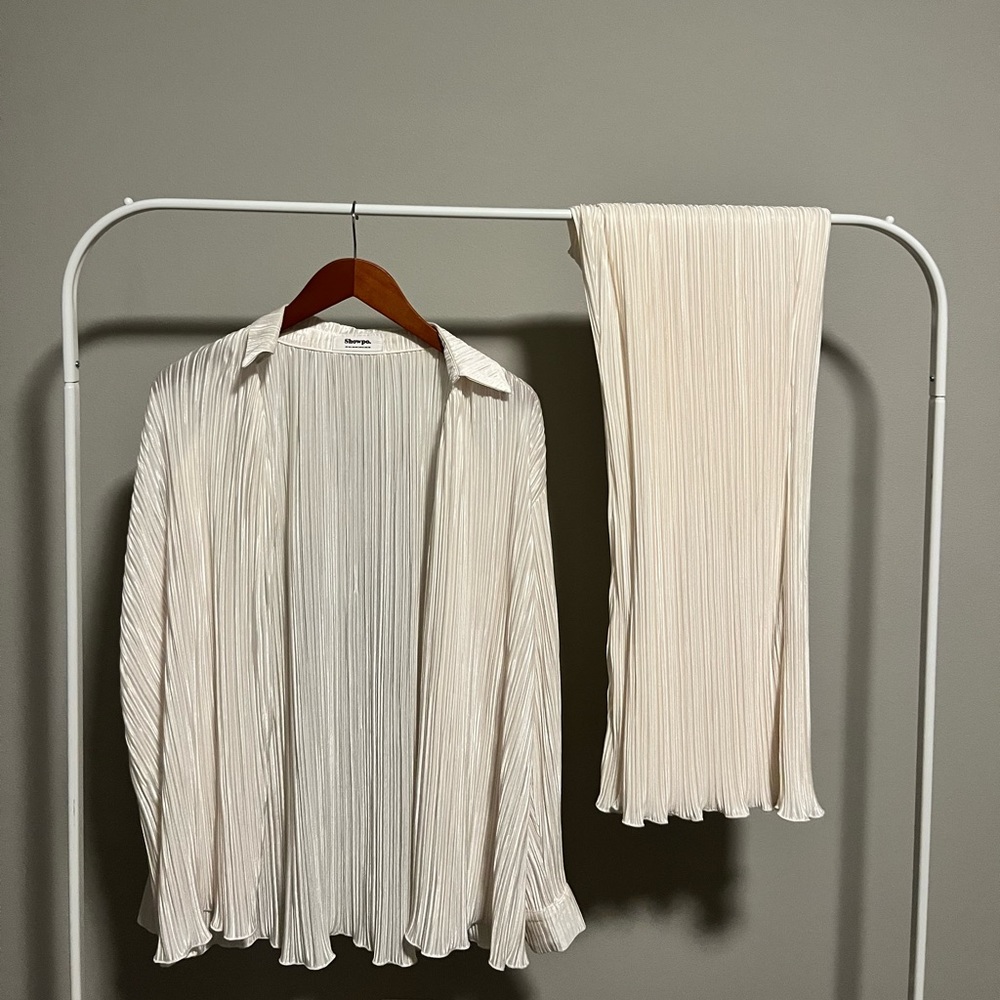 Showpo Cream Plisse Pants & Shirt Set